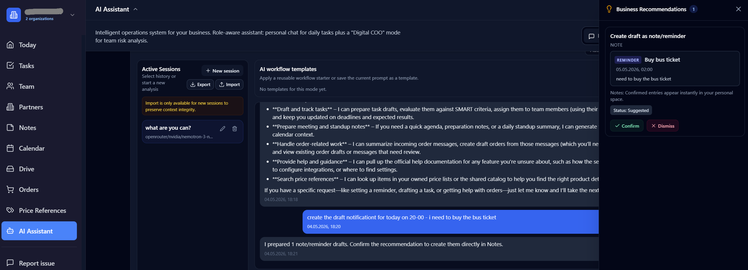 OperonAI AI assistant chat workspace with prompts and responses