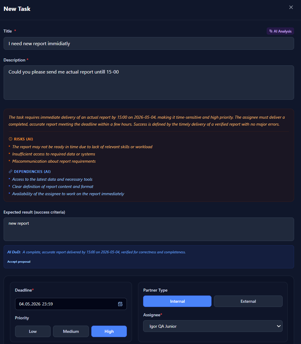 OperonAI AI assistant suggesting a structured new task in chat mode