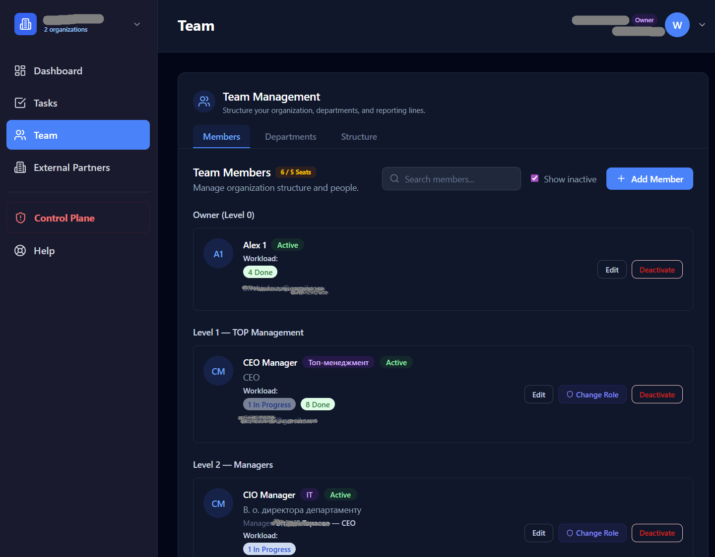 OperonAI team management showing organizational structure with roles and departments